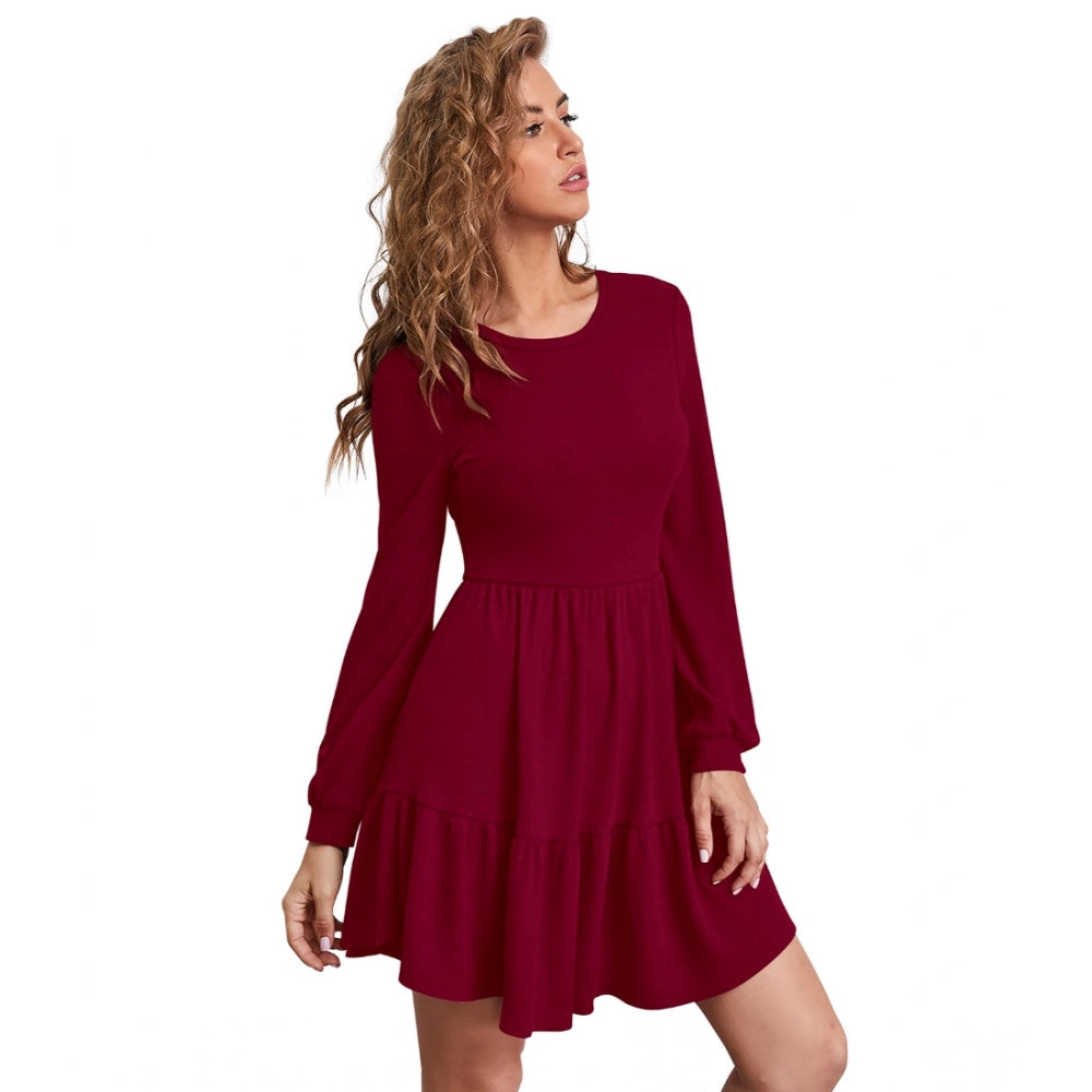 Amfyn Women's Knitting strachable Solid Round Neck Full Sleeve Dresses (Maroon)