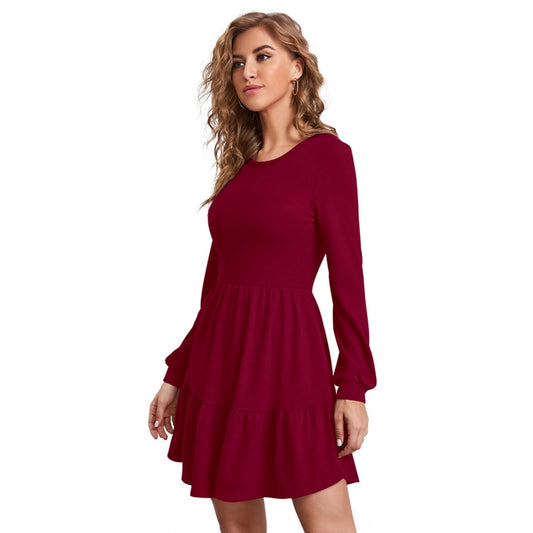 Amfyn Women's Knitting strachable Solid Round Neck Full Sleeve Dresses (Maroon)