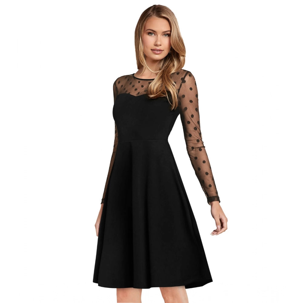 Amfyn Women's Knitting strachable Solid Round Neck Full Sleeve Dresses (Black)