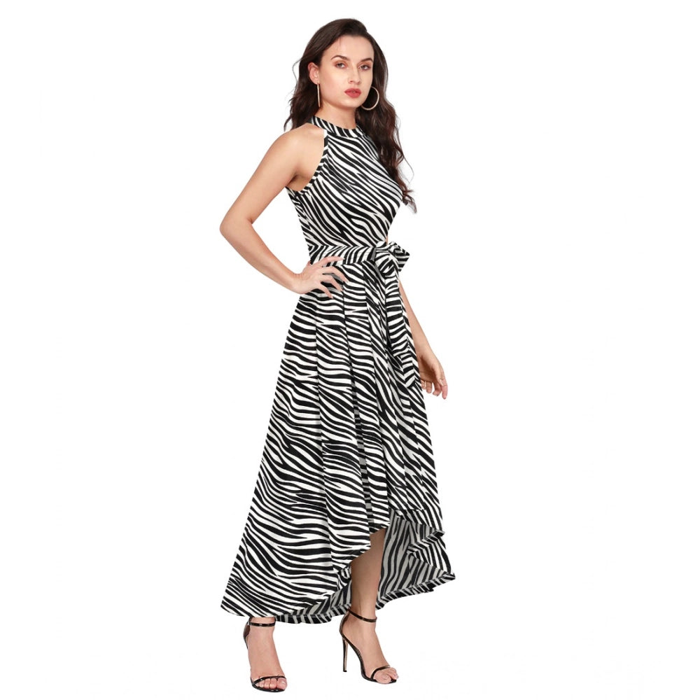 Amfyn Women's Polyster Zebra Pattern Helter Neck Sleeveless Dresses (White)