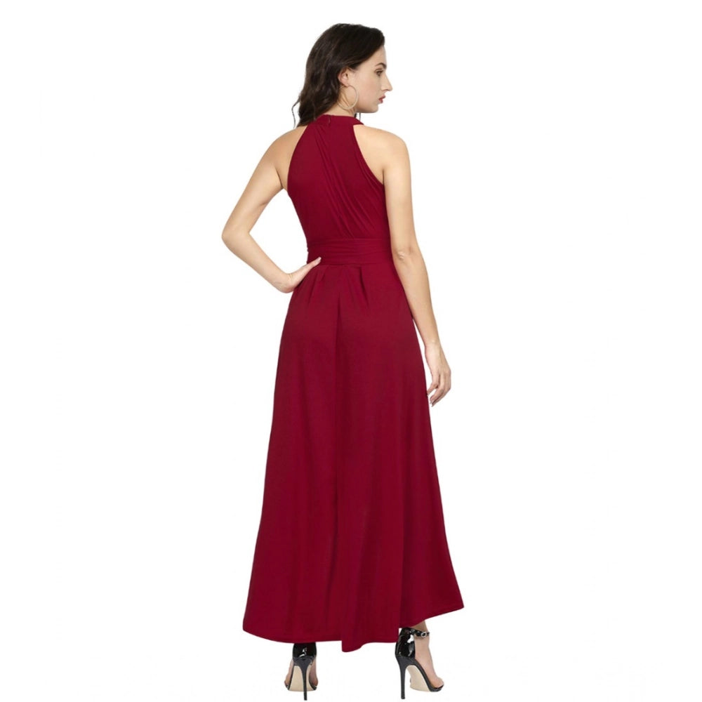 Amfyn Women's Polyster Solid Helter Neck Sleeveless Dresses (Maroon)