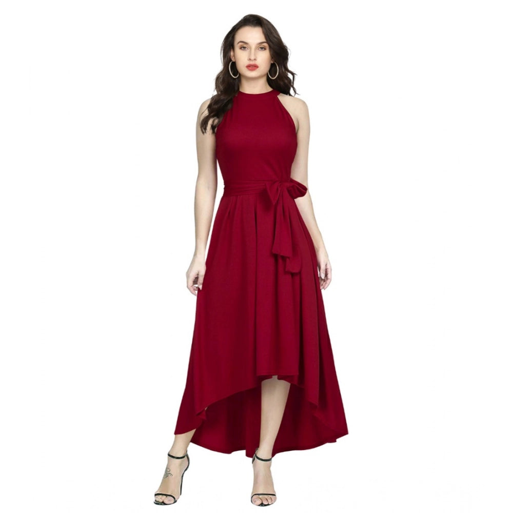 Amfyn Women's Polyster Solid Helter Neck Sleeveless Dresses (Maroon)