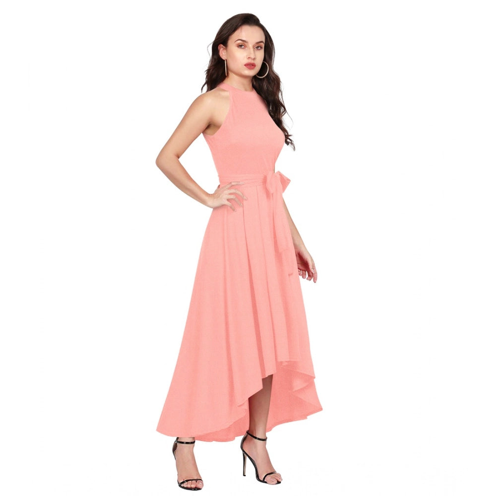 Amfyn Women's Polyster Solid Helter Neck Sleeveless Dresses (Peach)