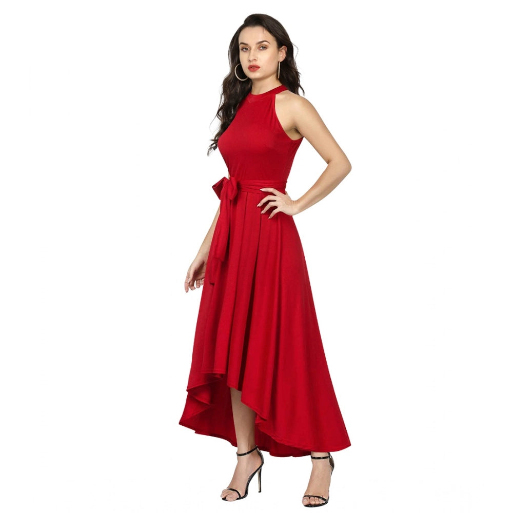 Amfyn Women's Polyster Solid Helter Neck Sleeveless Dresses (Red)