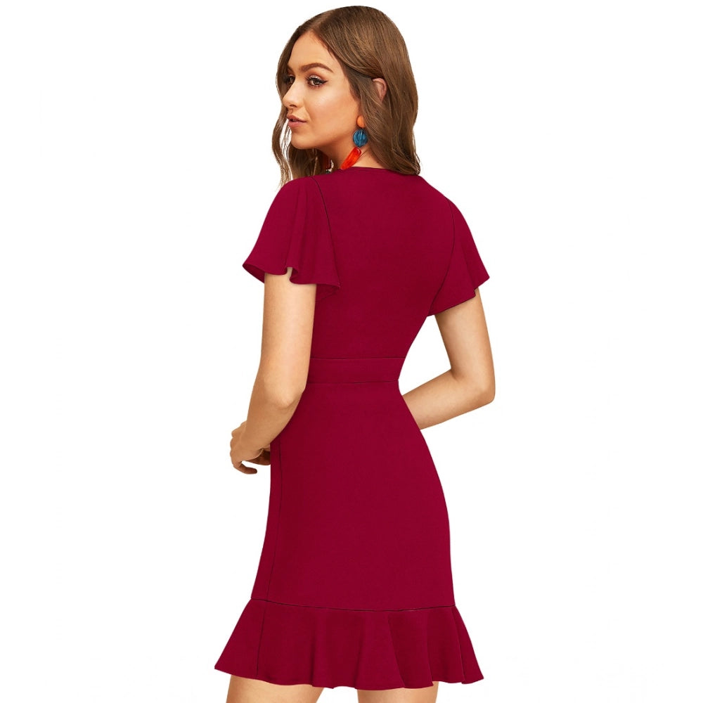 Amfyn Women's Knitting strachable Solid V Neck Flaired Sleeve Dresses (Maroon )