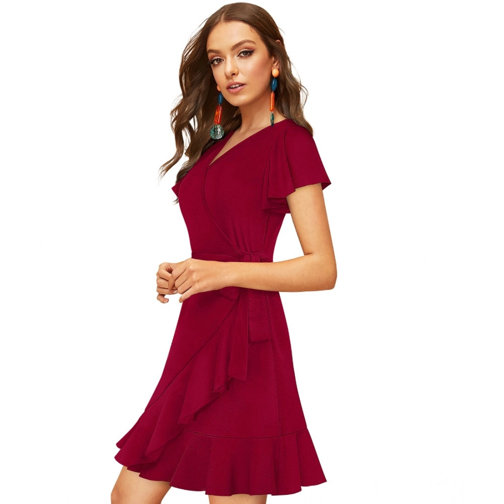 Amfyn Women's Knitting strachable Solid V Neck Flaired Sleeve Dresses (Maroon )