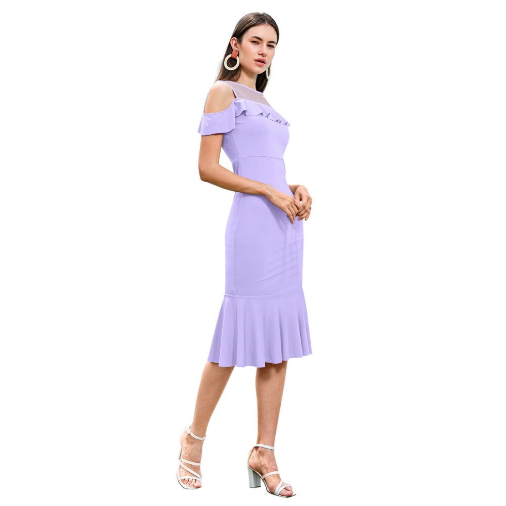 Amfyn Women's Knitting strachable Solid Round Neck Sleeveless Dresses (Purple)