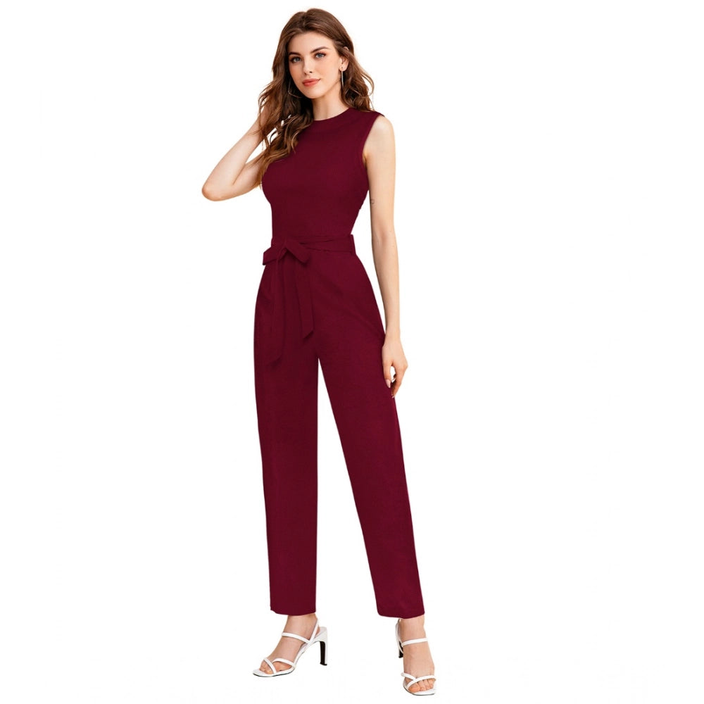 Amfyn Women's Knitting strachable Solid Round Neck Sleeveless Jumpsuit (Maroon)