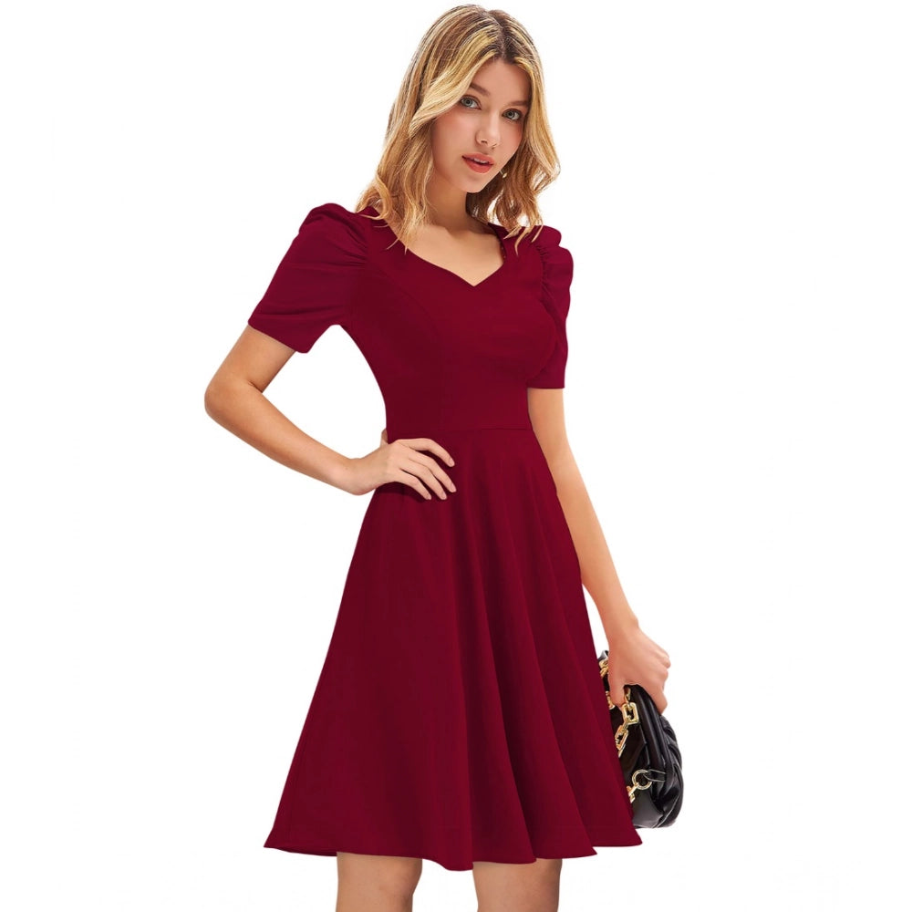 Amfyn Women's Knitting strachable Solid V Neck Cap Sleeve Dresses (Maroon)