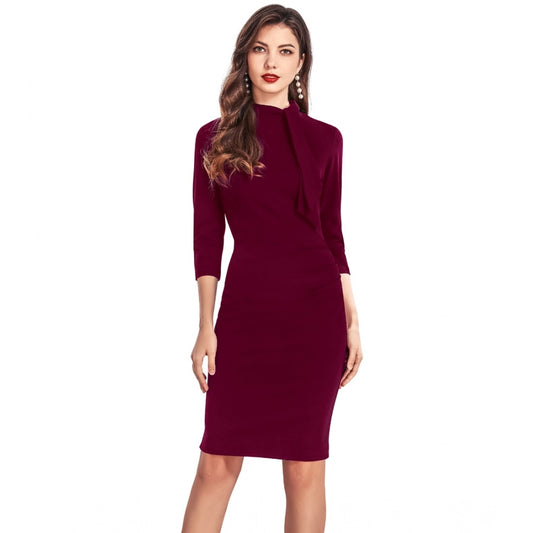 Amfyn Women's Knitting strachable Solid Round Neck 3-4th Dresses (Maroon)