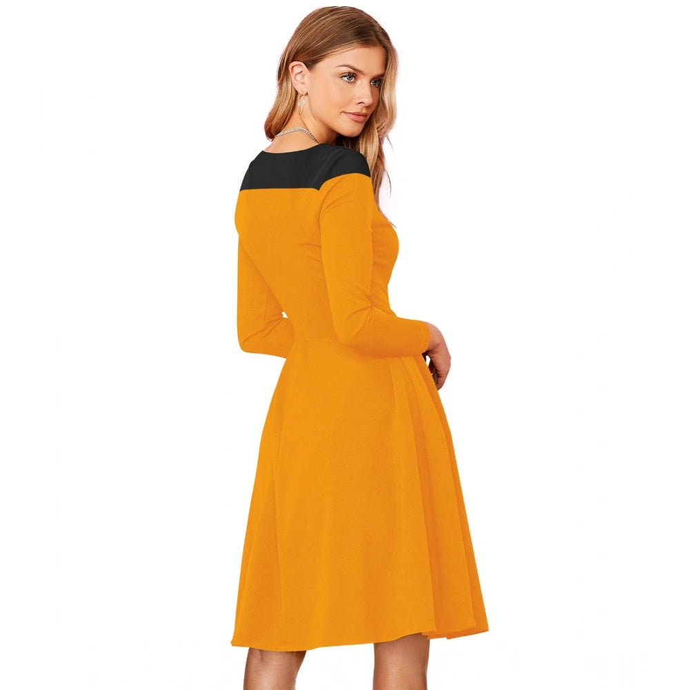 Amfyn Women's Knitting strachable Solid Round Neck Full Sleeve Dresses (Yellow)