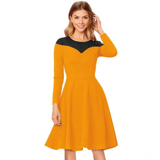 Amfyn Women's Knitting strachable Solid Round Neck Full Sleeve Dresses (Yellow)