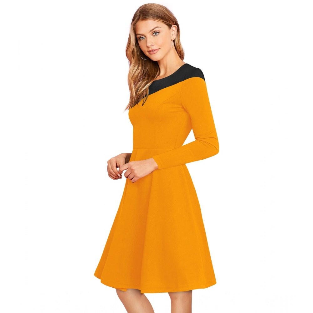 Amfyn Women's Knitting strachable Solid Round Neck Full Sleeve Dresses (Yellow)