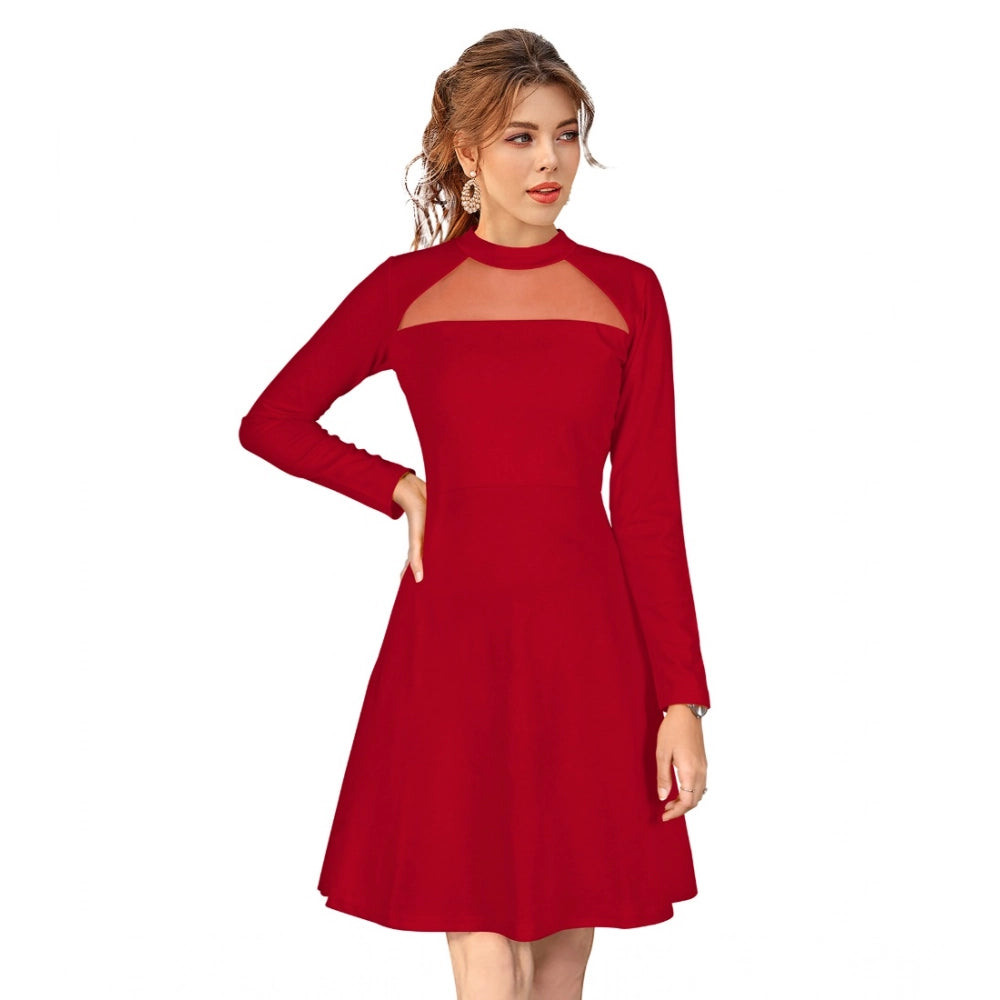 Amfyn Women's Knitting strachable Solid Round Neck Full Sleeve Dresses (Red)