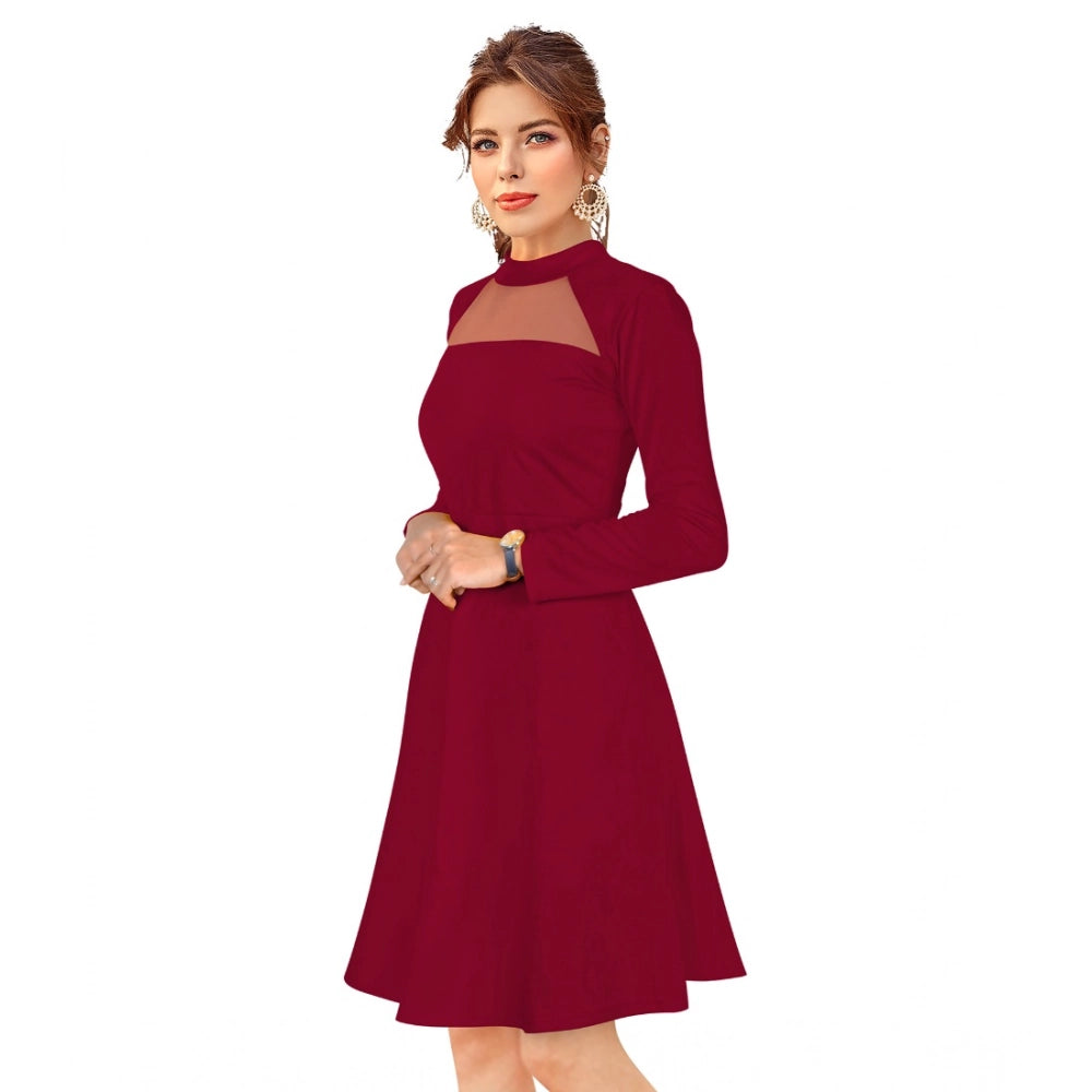 Amfyn Women's Knitting strachable Solid Round Neck Full Sleeve Dresses (Maroon)