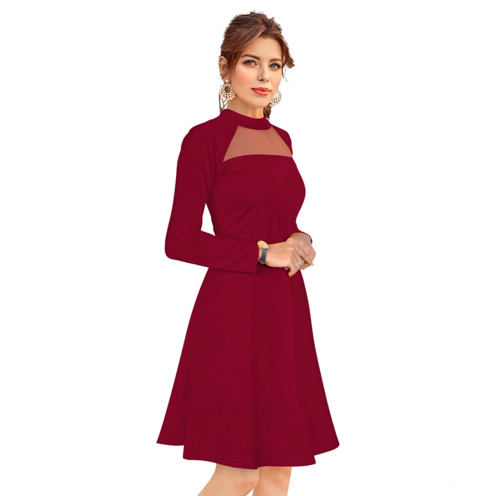 Amfyn Women's Knitting strachable Solid Round Neck Full Sleeve Dresses (Maroon)