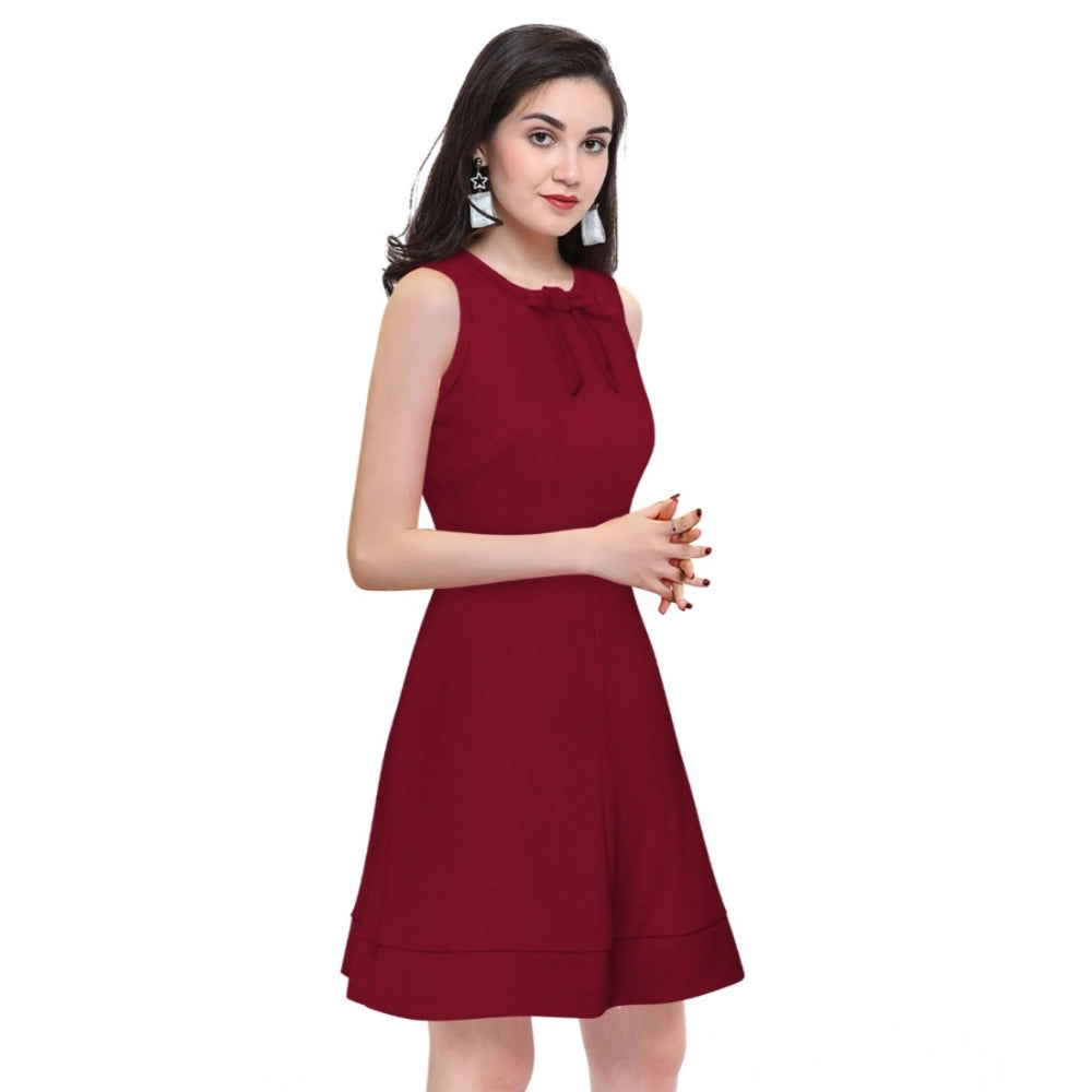 Amfyn Women's Polyster Solid Round Neck Sleeveless Dresses (Maroon)