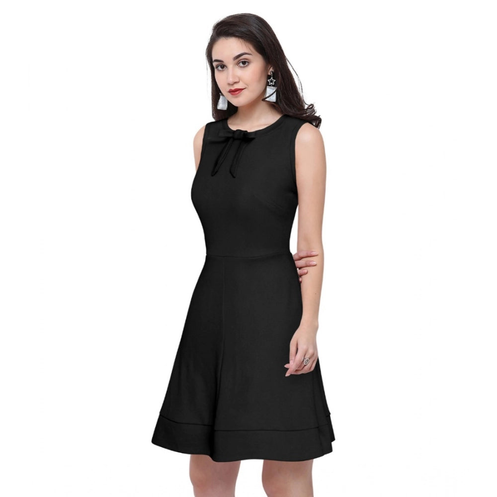 Amfyn Women's Polyster Solid Round Neck Sleeveless Dresses (Black)