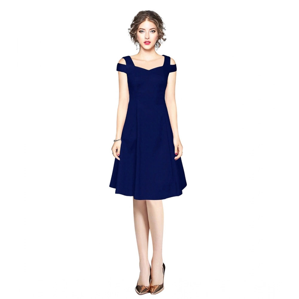 Amfyn Women's Polyster Solid V Neck Cap Sleeve off Sholder Dresses (Blue)