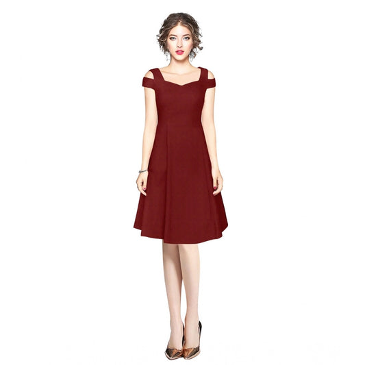 Amfyn Women's Polyster Solid V Neck Cap Sleeve off Sholder Dresses (Maroon)