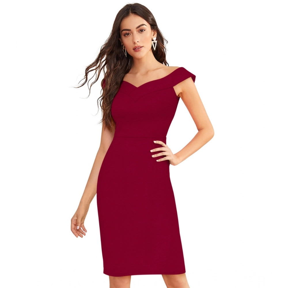 Amfyn Women's Knitting strachable Solid Round Neck Sleeveless Dresses (Maroon)