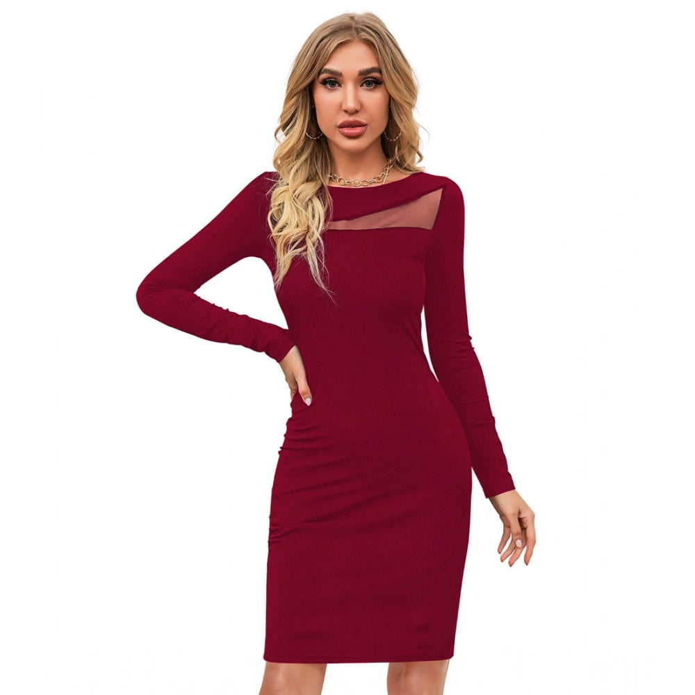 Amfyn Women's Knitting strachable Solid Round Neck Full Sleeve Dresses (Maroon)