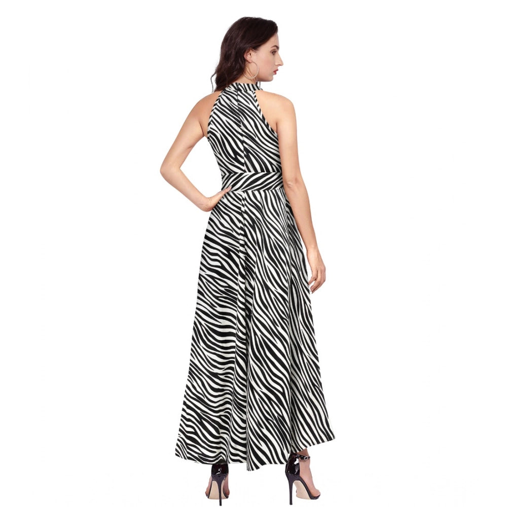 Amfyn Women's Polyster Zebra Pattern Helter Neck Sleeveless Dresses (White)