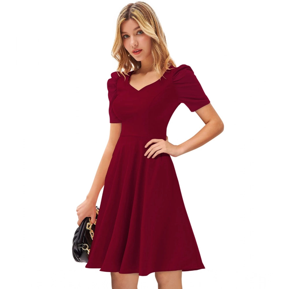 Amfyn Women's Knitting strachable Solid V Neck Cap Sleeve Dresses (Maroon)