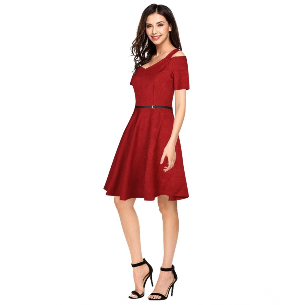 Amfyn Women's Polyster Solid V Neck Cap Sleeve Dresses (Maroon)