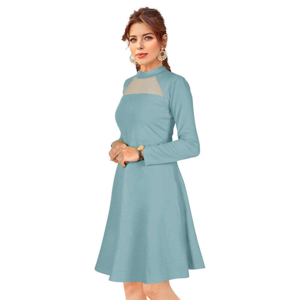 Amfyn Women's Knitting strachable Solid Round Neck Full Sleeve Dresses (Pista)