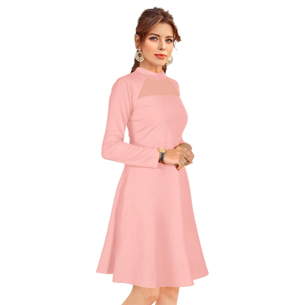 Amfyn Women's Knitting strachable Solid Round Neck Full Sleeve Dresses (Peach)