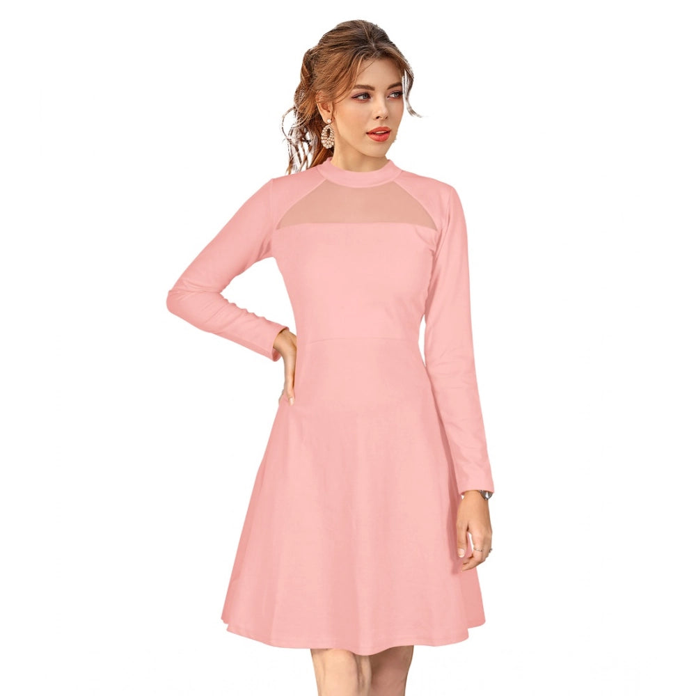 Amfyn Women's Knitting strachable Solid Round Neck Full Sleeve Dresses (Peach)