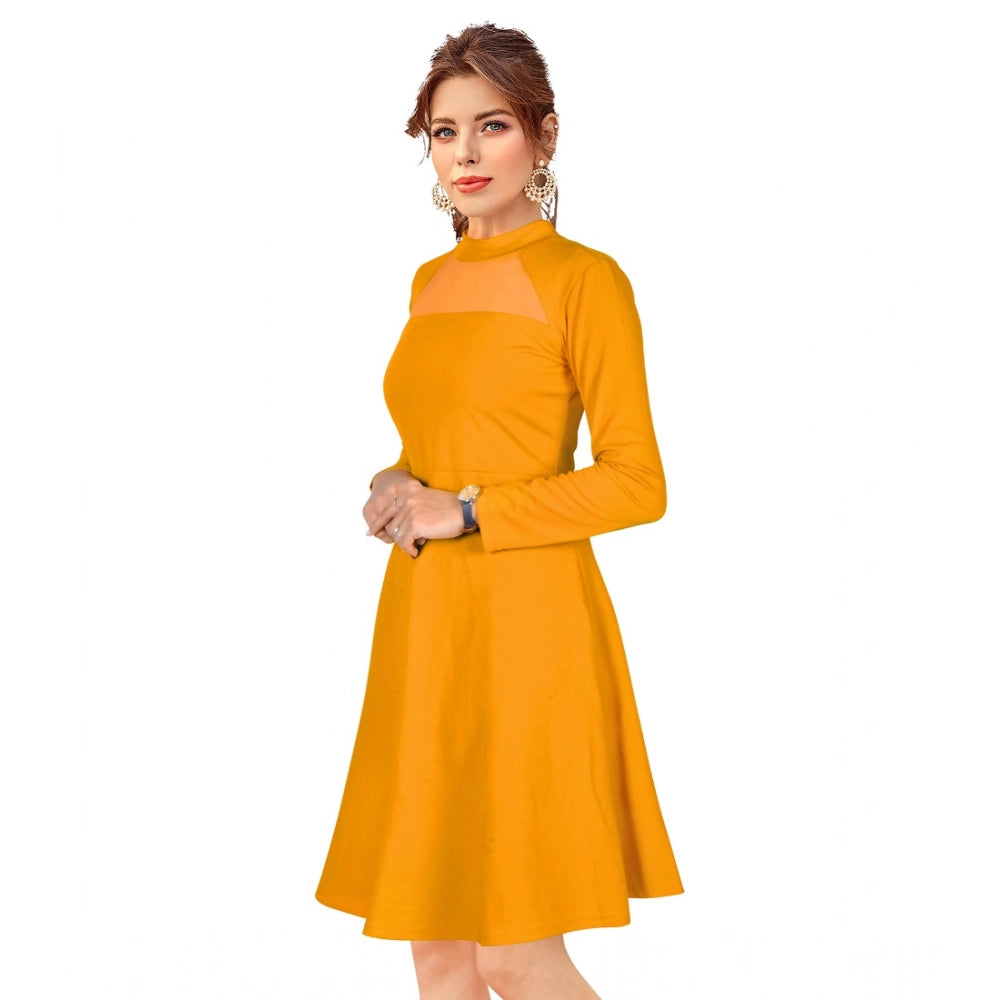 Amfyn Women's Knitting strachable Solid Round Neck Full Sleeve Dresses (Yellow)