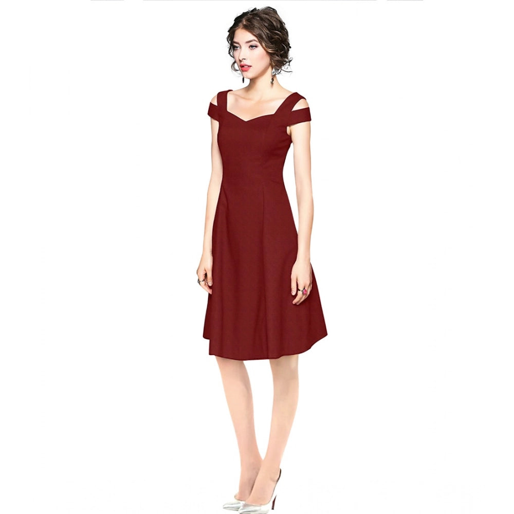 Amfyn Women's Polyster Solid V Neck Cap Sleeve off Sholder Dresses (Maroon)