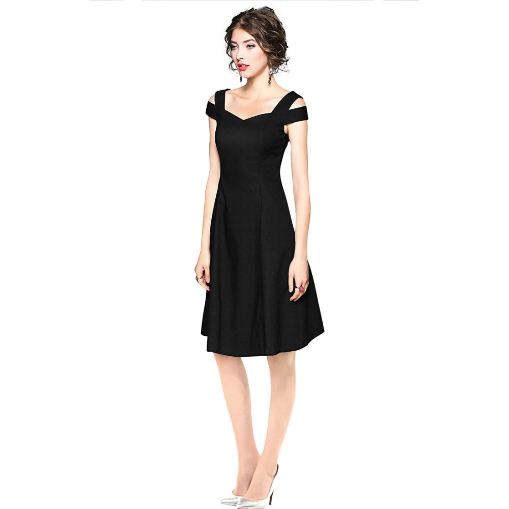 Amfyn Women's Polyster Solid V Neck Cap Sleeve off Sholder Dresses (Black)