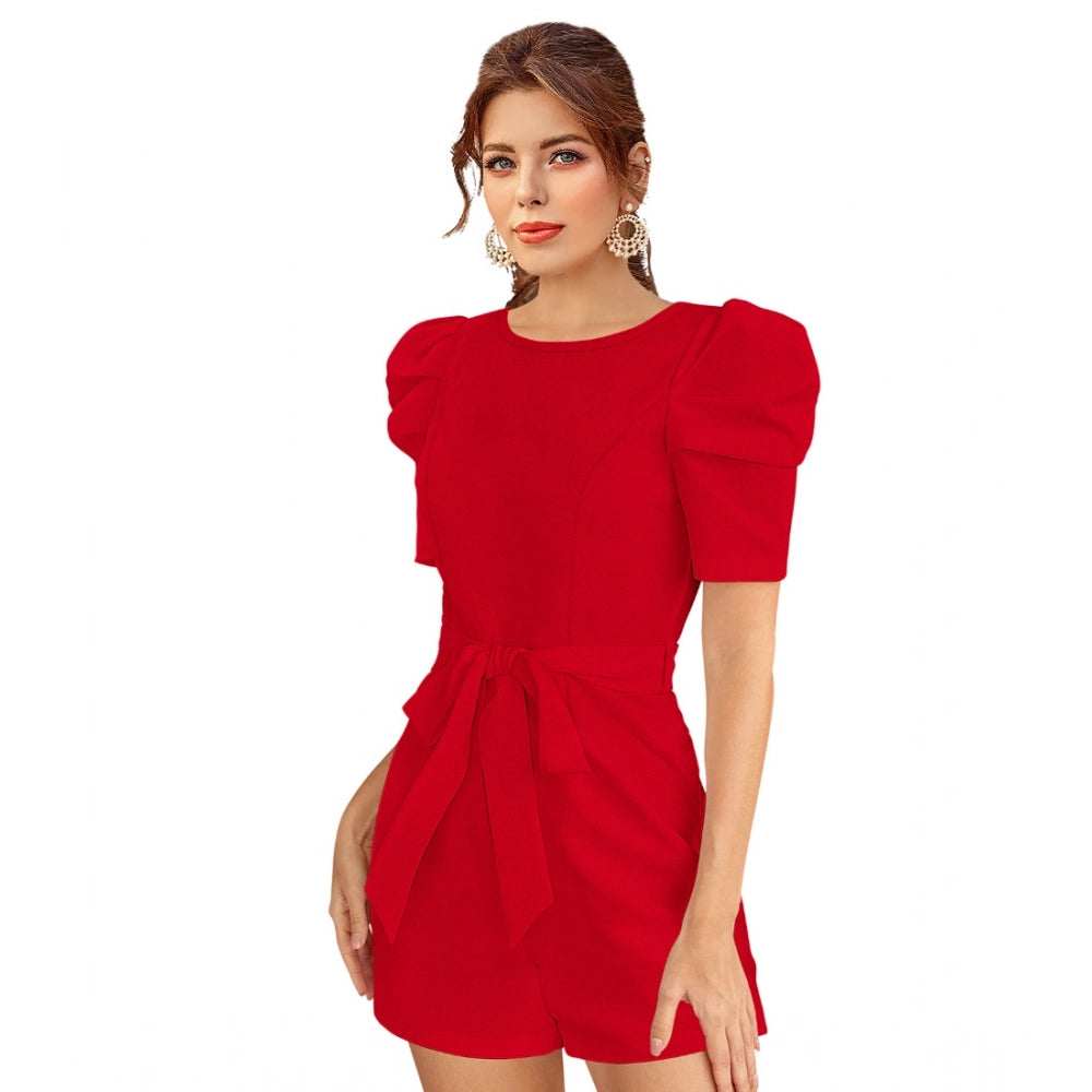 Amfyn Women's Knitting strachable Solid Round Neck 3-4 Puff Sleeve Dresses (Red )