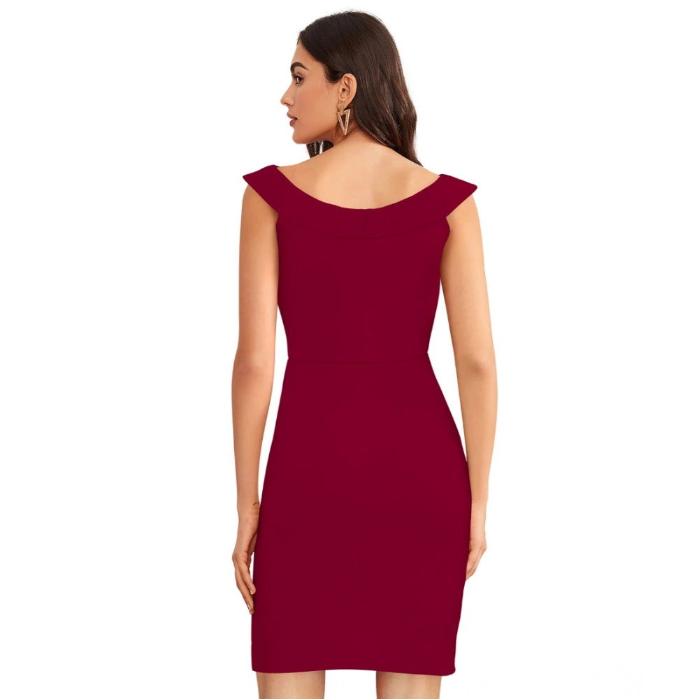 Amfyn Women's Knitting strachable Solid Round Neck Sleeveless Dresses (Maroon)