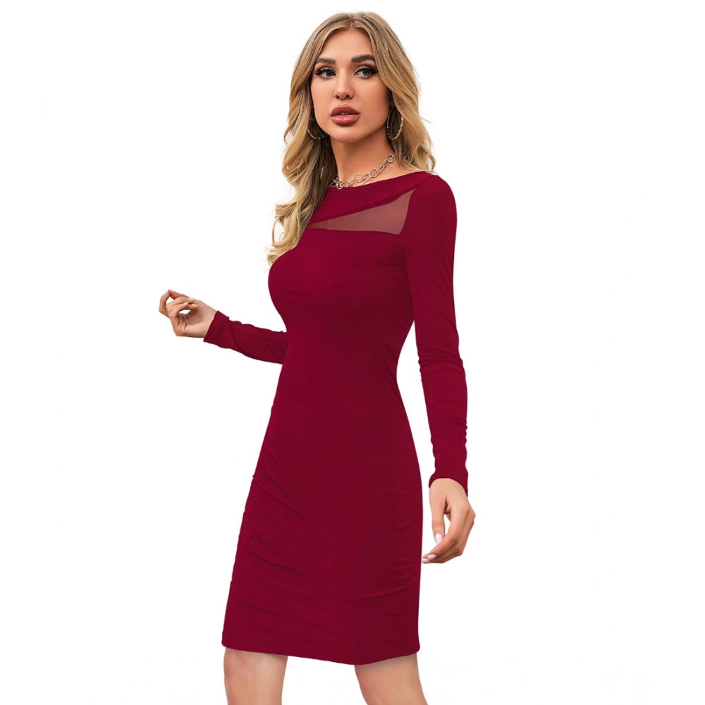 Amfyn Women's Knitting strachable Solid Round Neck Full Sleeve Dresses (Maroon)