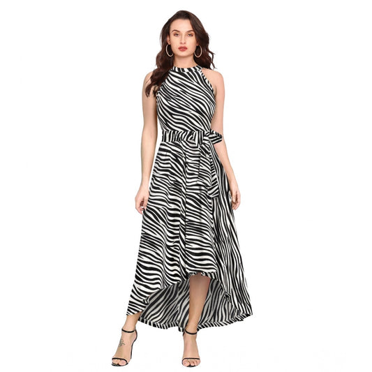 Amfyn Women's Polyster Zebra Pattern Helter Neck Sleeveless Dresses (White)