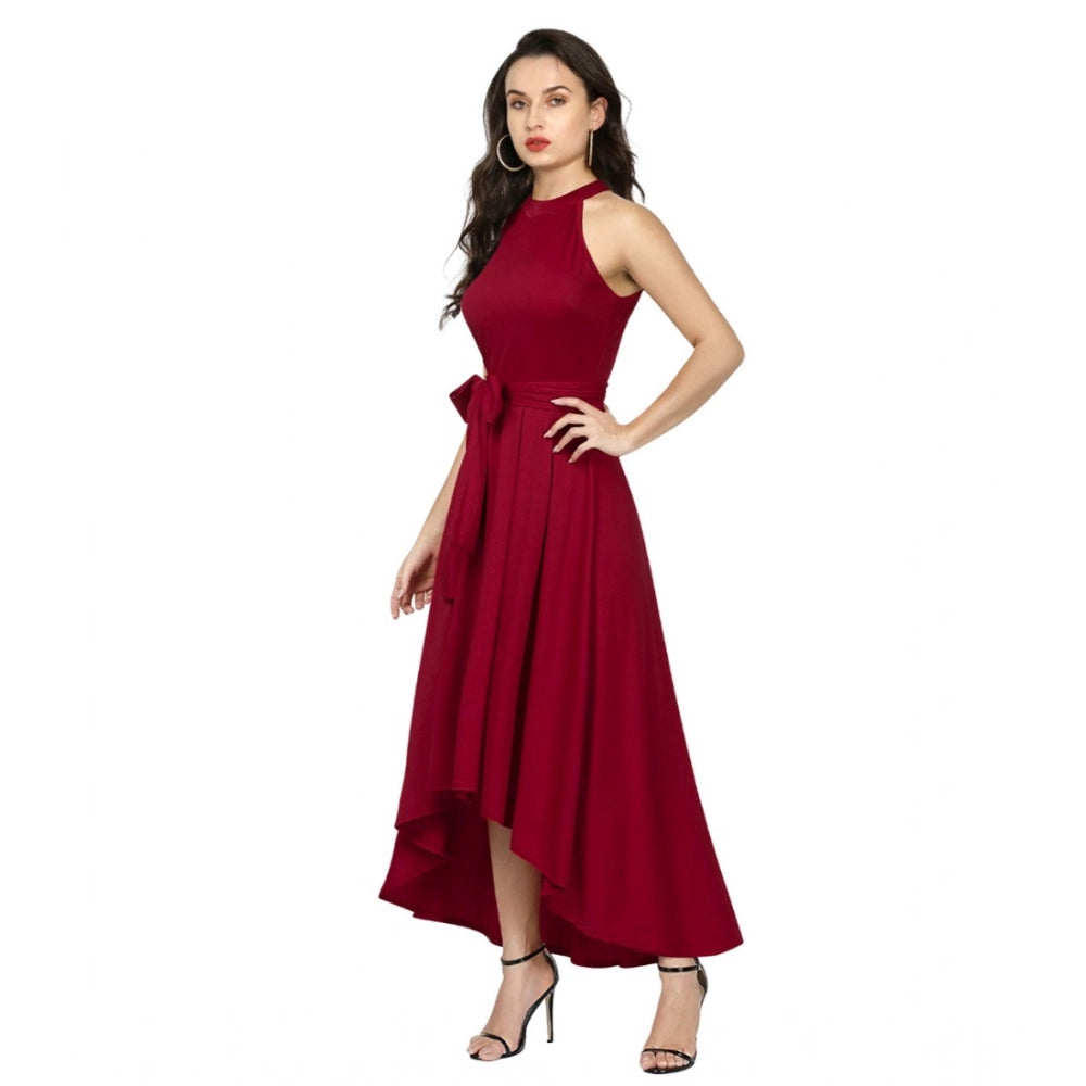 Amfyn Women's Polyster Solid Helter Neck Sleeveless Dresses (Maroon)