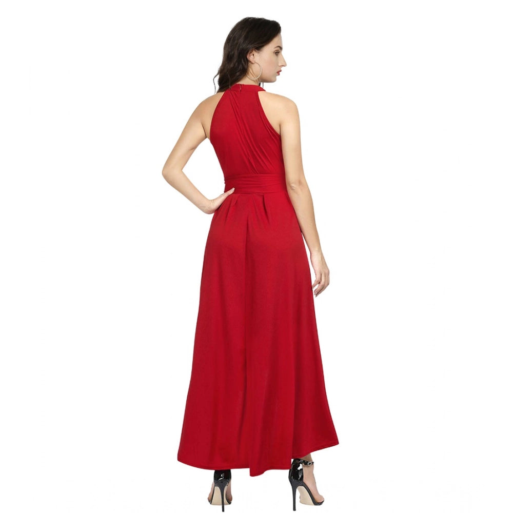 Amfyn Women's Polyster Solid Helter Neck Sleeveless Dresses (Red)