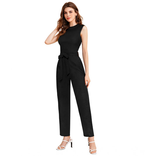 Amfyn Women's Knitting strachable Solid Round Neck Sleeveless Jumpsuit (Black)