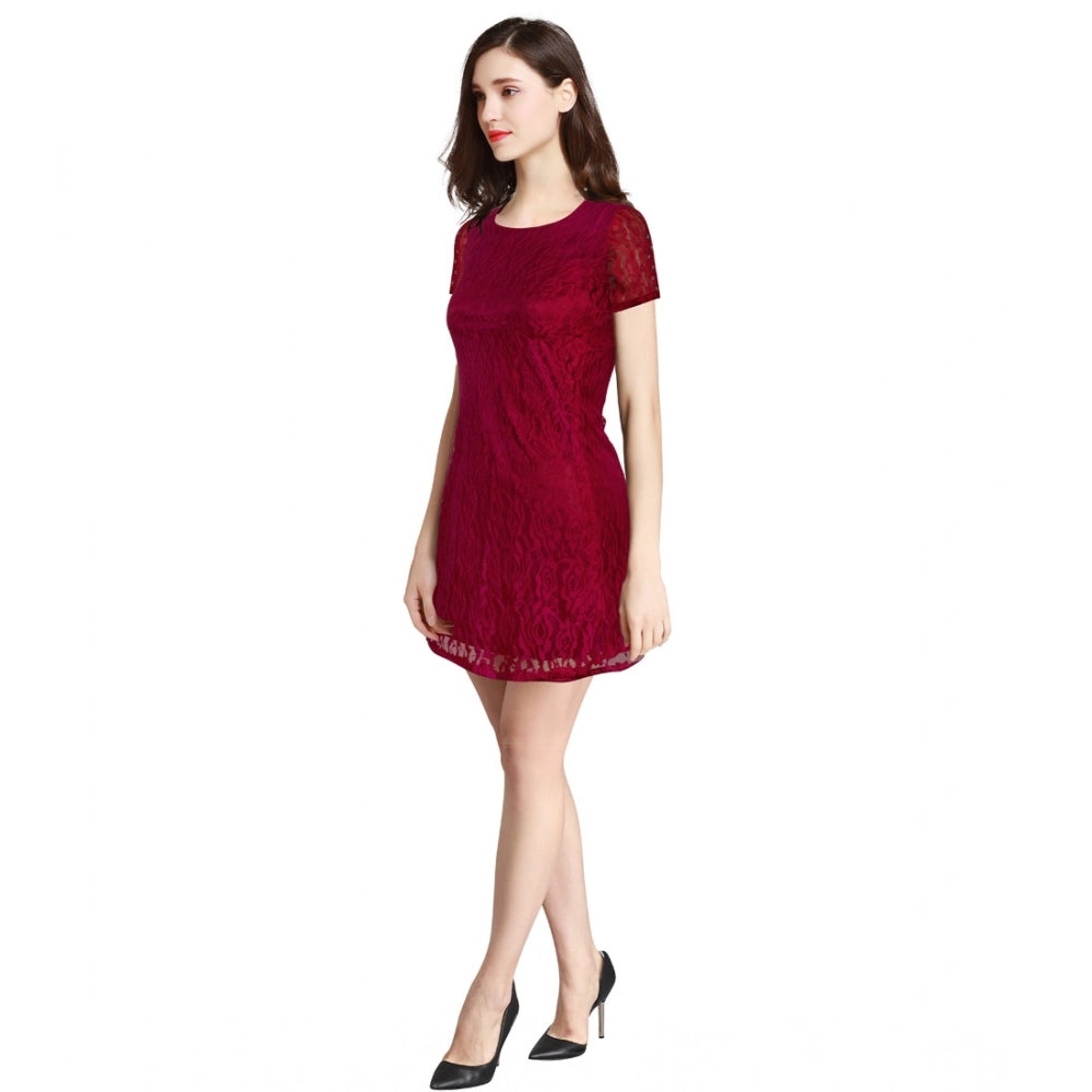 Amfyn Women's Rasal Solid Round Neck Cap Sleeve Dresses (Maroon)