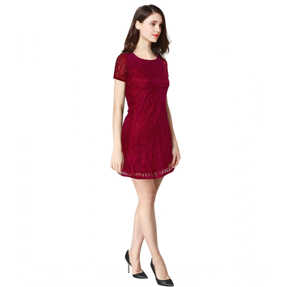 Amfyn Women's Rasal Solid Round Neck Cap Sleeve Dresses (Maroon)