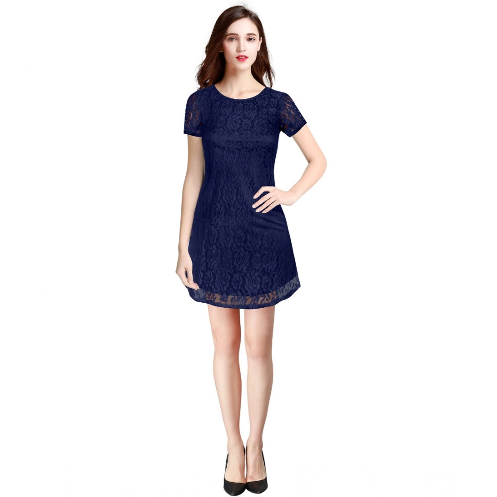 Amfyn Women's Rasal Solid Round Neck Cap Sleeve Dresses (Blue)