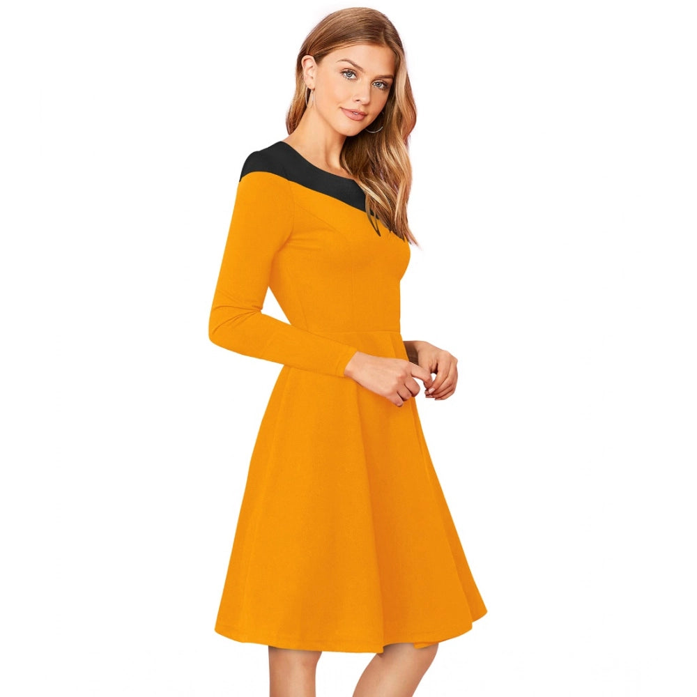 Amfyn Women's Knitting strachable Solid Round Neck Full Sleeve Dresses (Yellow)