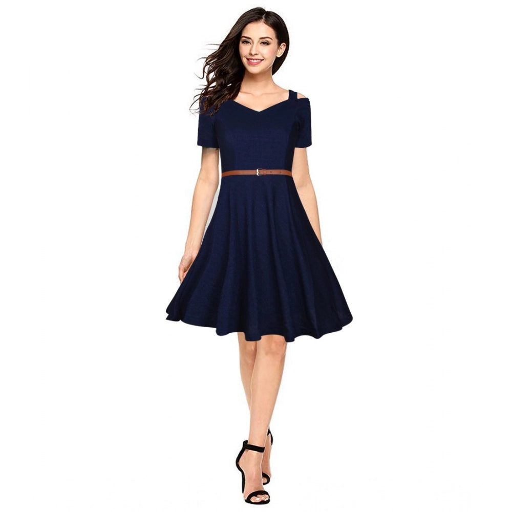 Amfyn Women's Polyster Solid V Neck Cap Sleeve Dresses (Blue)