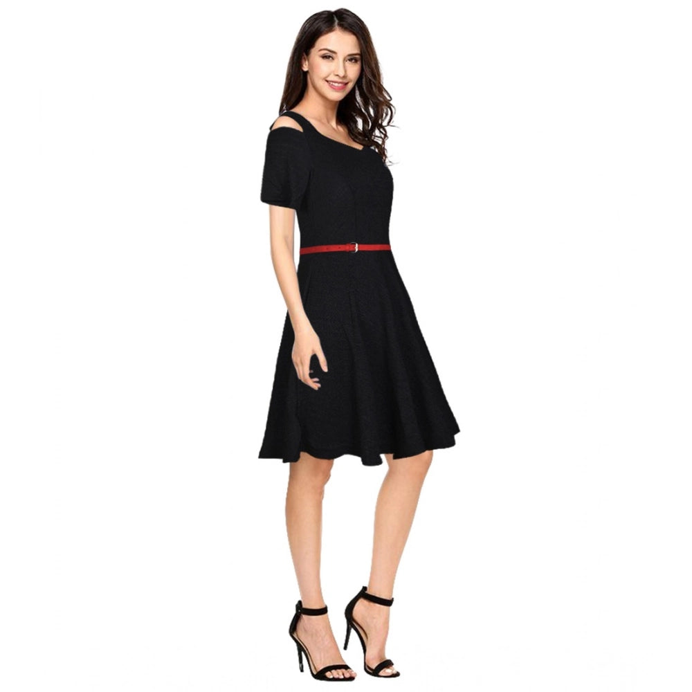 Amfyn Women's Polyster Solid V Neck Cap Sleeve Dresses (Black)