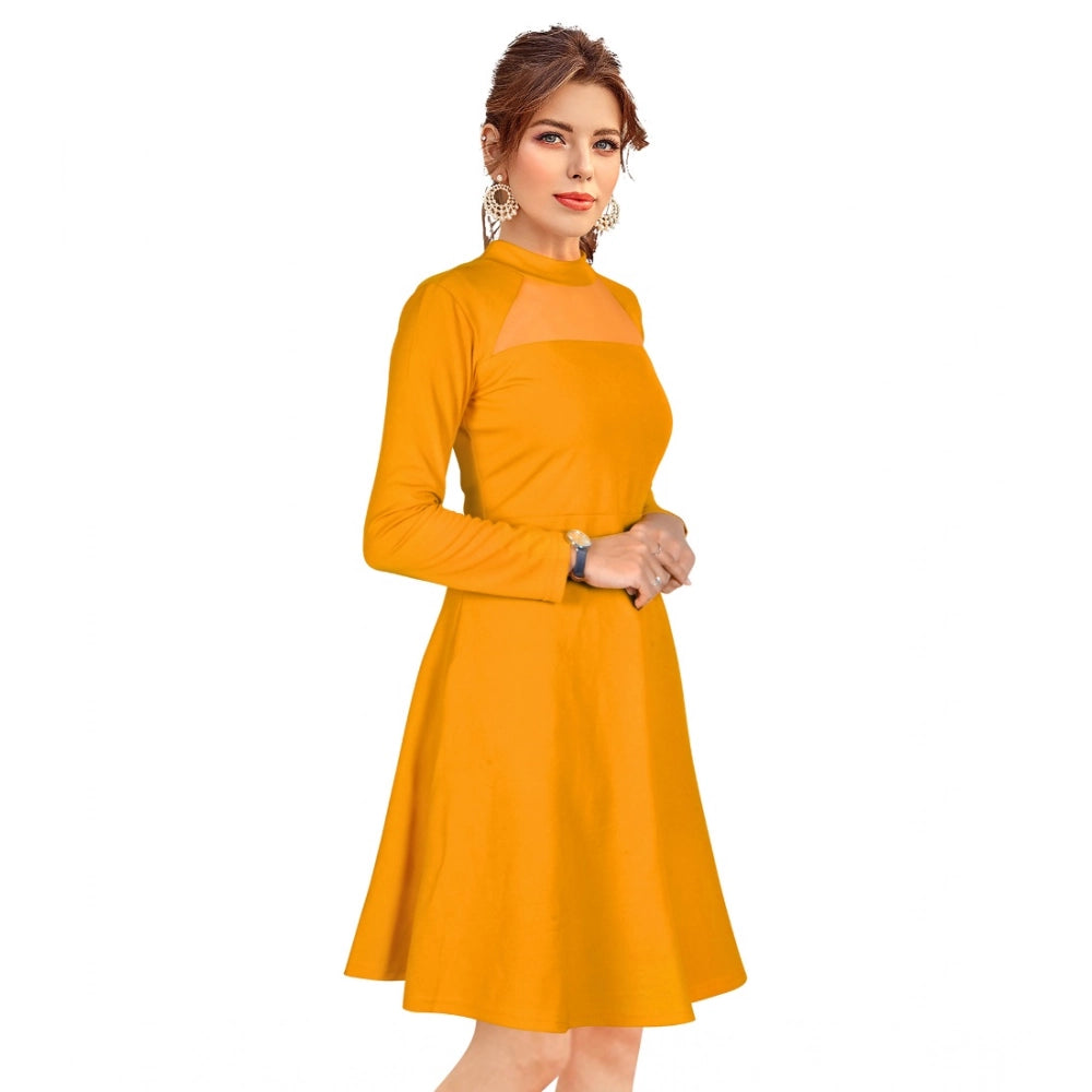 Amfyn Women's Knitting strachable Solid Round Neck Full Sleeve Dresses (Yellow)