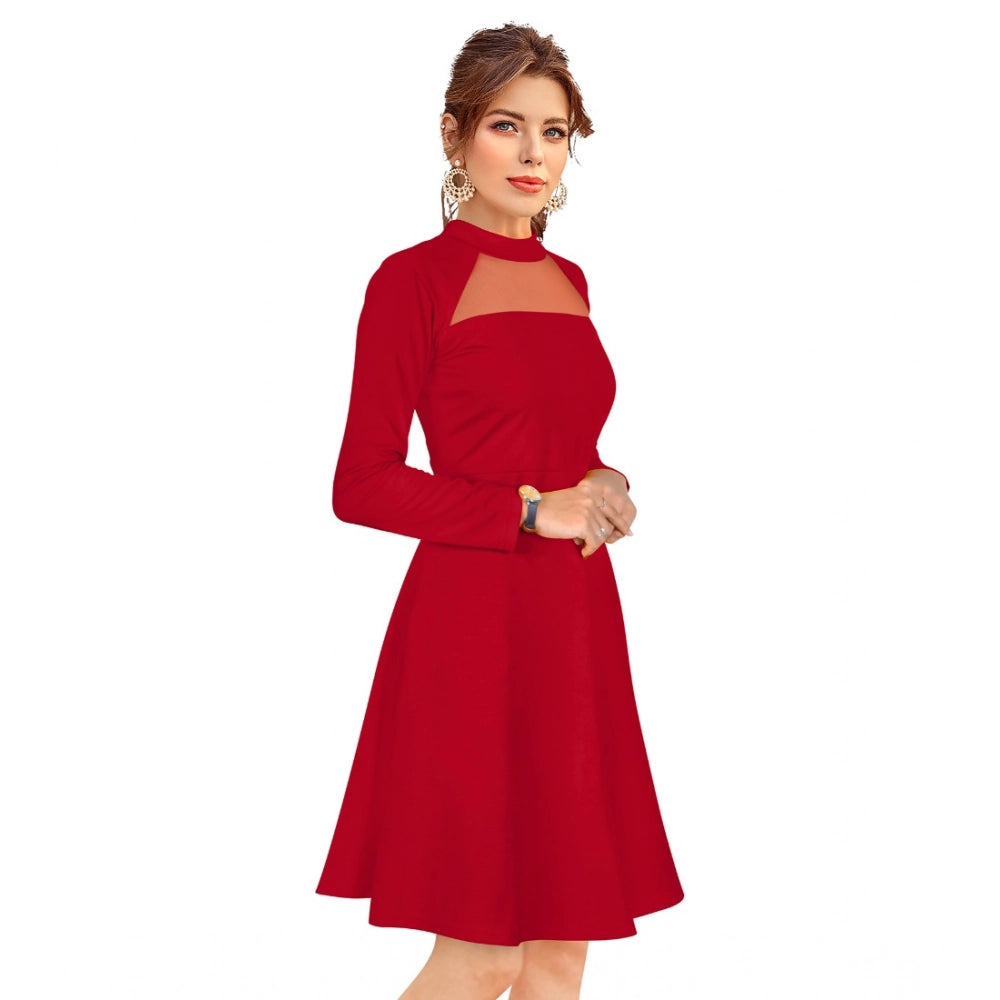 Amfyn Women's Knitting strachable Solid Round Neck Full Sleeve Dresses (Red)